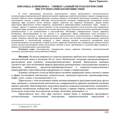 Лариса Тараненко. Піраміда Клименюка — універсальний методологічний інструментарій когнітивістики